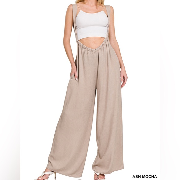 Zenana Outfitters Pants - Woven Tie-Back Suspender Jumpsuit in Ash Mocha